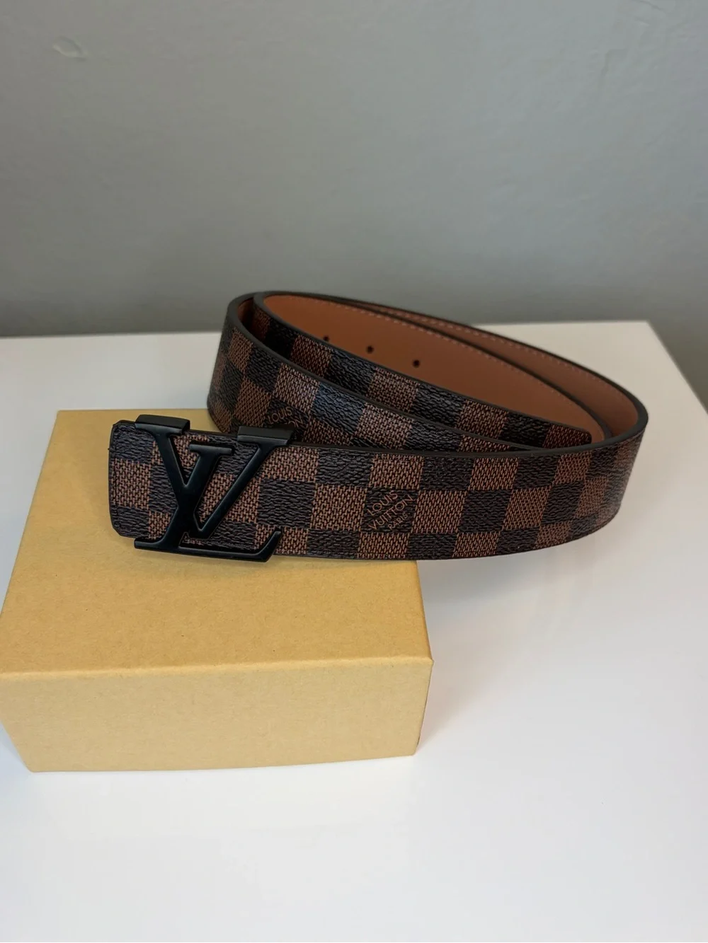 Mens Brown Checkered Genuine Leather Belt Fits Waist 33-35